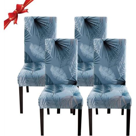 Housse de Chaise Salle à Manger Extensible 4 Pièces,Housse de Chaise Universelle Lavables,Couverture de Chaise,Feuilles Bleues (1/5)