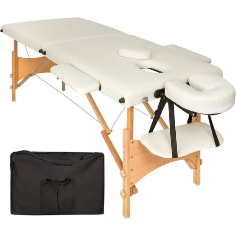 Table de massage pliable en bois beige avec réglage de hauteur et accoudoirs. (1/5)