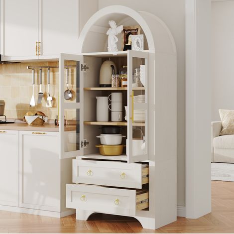 Credenza alta bianca con ante in vetro, 2 cassetti, ripiani regolabili OKMYHOME (1/5)