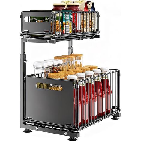 Etagere Coulissante Sous Evier - 2 Niveaux - Hauteur Reglable 41-49 cm - Pour Epices Cuisine Salle De Bain Bureau - 37.5 x 26.5 cm - Noir