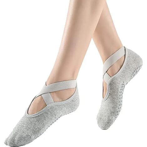 Calcetines de yoga gruesos profesionales para mujeres, correas antideslizantes, ideales para Pilates, ballet, danza, entrenamiento descalzo, talla única, gris claro (1/5)