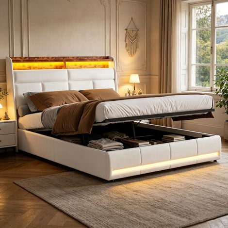 Bett mit Stauraum 140 x 200 cm, schwenkbare LED-Beleuchtung, hydraulischer Stauraum, Lattenrost aus Massivholz – Weiß