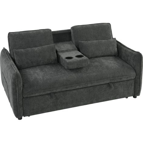 Divano Letto 2 Posti 166x90x84 cm con Schienale Regolabile in 3 Posizioni con 2 Cuscini in Ciniglia Grigio Scuro (1/5)