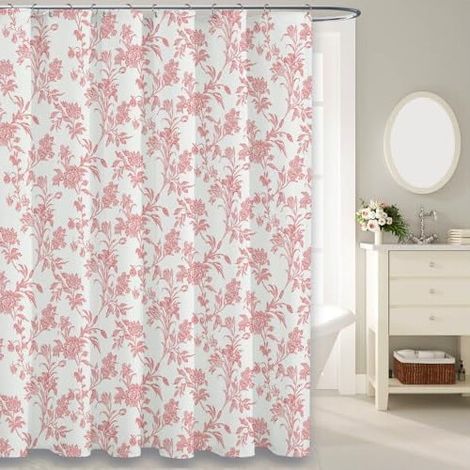Rideau de douche en coton à motifs floraux roses, de style champêtre, idéal pour la salle de bain, mesurant 72 pouces de large x 72 pouces de long. (1/4)