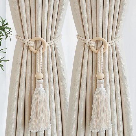 Lot de 2 embrasses pour rideaux, blanches, boucles modernes, pour chambre à coucher, bois