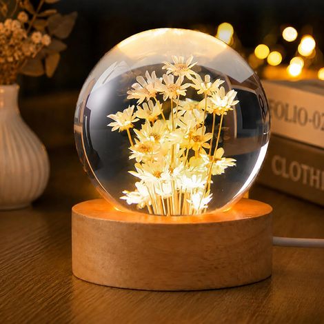 Lampe Boule de Cristal - 6 cm Lampe Fleur Lampe Boule Verre avec Lumière LED et Base en Bois, Lampe Decorative pour Decoration Chambre et Décoration Salon (Marguerites jaunes) (1/5)