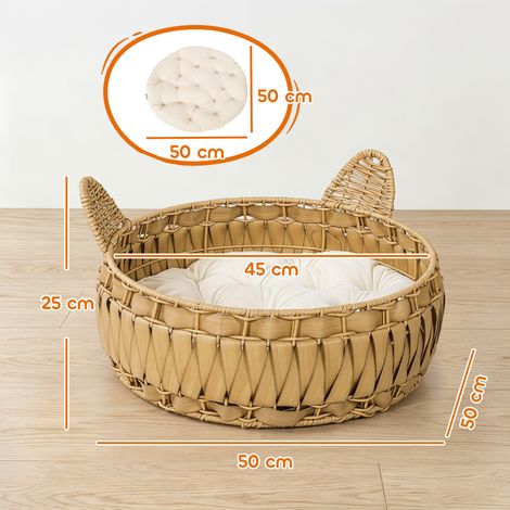 Katzenbett Rattan Katzenhöhle mit abnehmbares Kissen, Katzenkorb für Katzen bis 10 kg, 50 x 50 x 25 cm, Hellbraun (1/5)