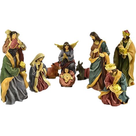 Presepe Natività Completa 10 Pezzi Effetto Juta Altezza Max 25 cm Sacra Famiglia con Giuseppe maria bambinello Re Magi, Angelo, Pastore,bue asinello