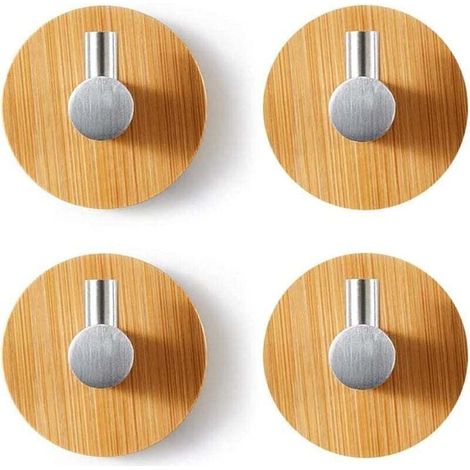 4-teiliges Bambus-Wandhaken-Set, XU, Edelstahl-Klebehaken mit selbstklebenden Löchern für Handtücher, geeignet für Bad, WC, Küche (Silber) KZQ - KZQ