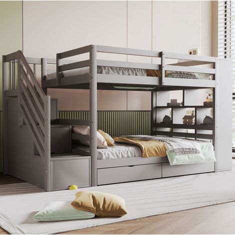 Letto a castello bambini 90x200 cm con 2 cassetti, scala contenitore e ripiani portaoggetti, in legno grigio, materasso non incluso (1/5)