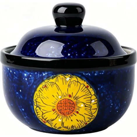 Mini cocotte avec couvercle 330 ml en céramique peinte à la main, bols polyvalents pour soupe, dessert, œufs, crème brûlée, soufflé, petit plat à gratin, passe au micro-ondes et au four (bleu) (1/5)