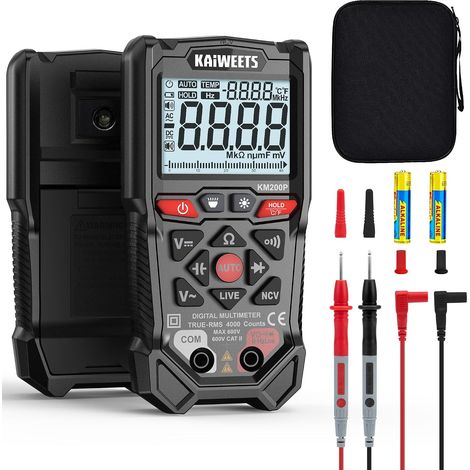 Multimètre Numérique à Boutons 4000 Counts, Multimètre Auto-Ranging TRMS, NCV, Testeur Fil Phase, Mesure Tension AC/DC, Courant, Résistance, Continuité, Capacité, écran LCD Rétroéclairé (1/5)