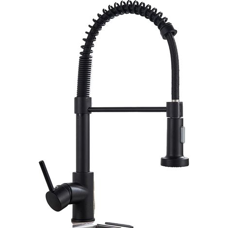 Robinet de cuisine, douchette escamotable, rotation à 360 degrés, Noir Mat (1/2)