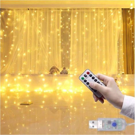 Rideau Lumineux LED 300 3x3m USB 8 Modes Crochets Blanc Chaud Déco Fenêtre Noël Mariage Anniversaire Maison Patio (1/5)