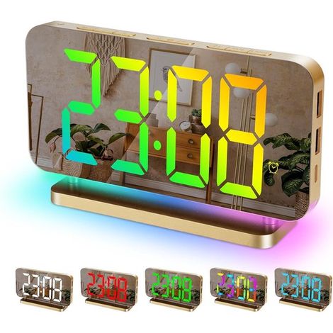 Reloj despertador digital LED, pantalla de hora de 11 colores, luz nocturna RGB de 10 modos, proyector recargable por USB-C, color dorado. (1/5)