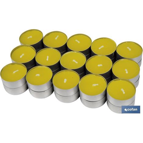 Candele “Tea Light” alla citronella durata fino a 4 ore Ø3,5x1,5 cm colore giallo (confezione da 30 unità)