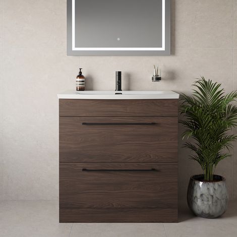 Napoli 390 Brown Oak 800mm 2 Drawer Vanity Unit with Arc Basin - 800mm - Matt Black 480mm Handle