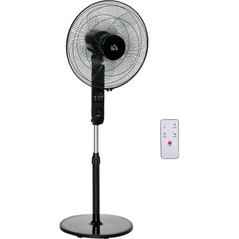 Ventilateur sur pied noir hauteur réglable 110–124 cm Ø44,5 cm avec télécommande, oscillation 70°, inclinaison ajustable, 3 vitesses, minuterie 7,5h pour salon et chambre (1/5)