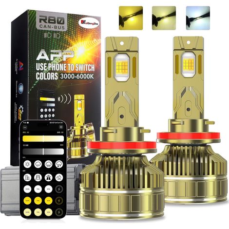 H11 LED Headlight Bulb, 2PCS Canbus Error Free H11 H8 Headlight Bulb APP Smart Dimming and Colour 3000-6000K 500-30000LM 150W 800% Brightness Replacement Kit for Halogen and Xenon (1/5)