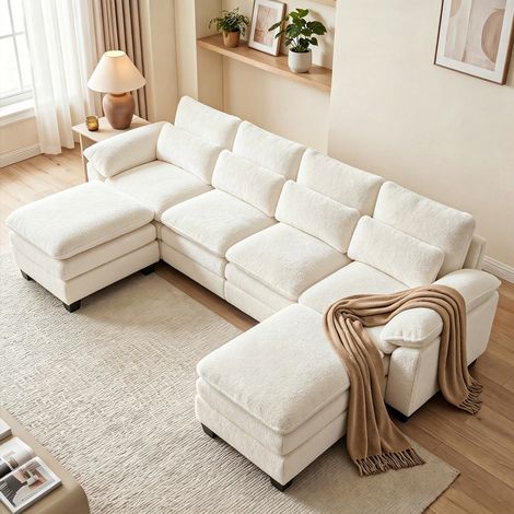 Canapé modulable panoramique Beige en forme U-Canapé d'angle modulable super grande en forme U,coussin de siège nuage double couche, 2poufs amovible, tissu velours au lait