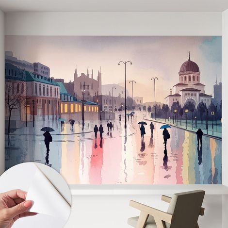 Papier peint adhésif décoratif avec colle pour salon chambre et bureau Installation rapide Promenade sous la pluie 152x104 cm (1/5)