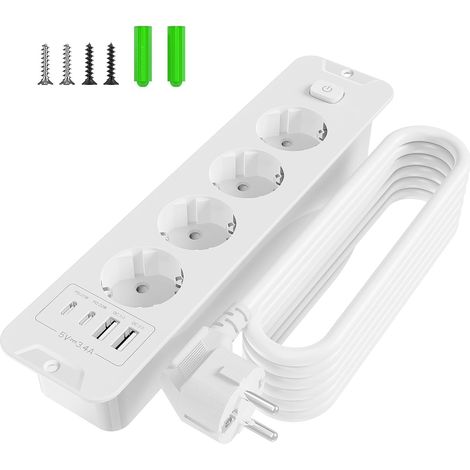 Multiprise Encastrable Plan de Travail, 2 Prises avec Interrupteur et USB (PD 20W), Multiprise 2m Parafoudre et Surtension, Bloc Prise Encastrable de Table pour Cuisine et Bureau (1/5)