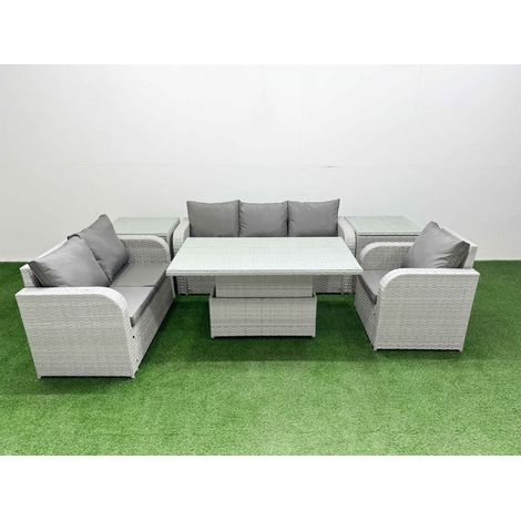Fimous Patio PE Wicker 6 Seater Outdoor Rattan Furniture Sofa Sets with Adjustable Lifting Dining or Coffee Table Reclining Chair Loveseat Sofa 3 Seater Sofa 2 Side Table Light Grey (1/5)