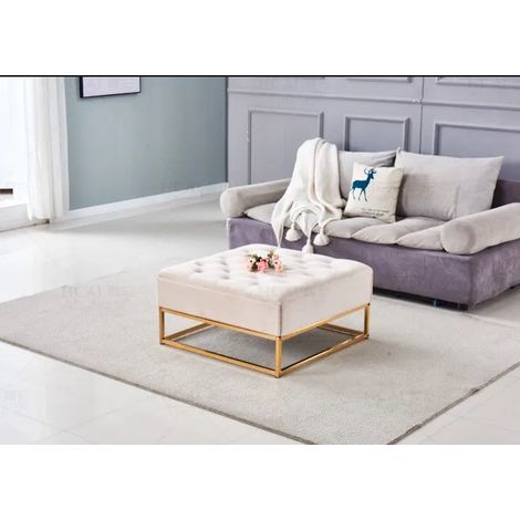Pouf Coffre TIROIRS Carré Plateau Velours Capitonné Moka 80x80x43cm 2 Tiroirs
