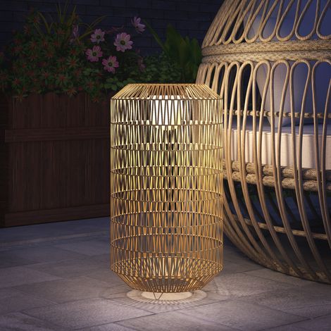 Lampadaire solaire extérieur en résine tressée. lampadaire sans fil rechargeable avec capteur de lumière. Ø30x55cm jaune