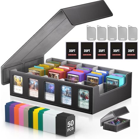 Boîte rangement cartes MTG avec vitrine Commander, 3900+ cartes, deck box 5 compartiments avec couvercle amovible, organiseur TCG PTCG cartes sport, compatible Toploader, 50 séparateurs (Noir) (1/5)