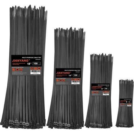 Attaches autobloquantes de différentes tailles, 8 + 12 + 14 + 18 pouces, dents double face, résistance à la traction de 100 livres, attaches de câble robustes (paquet de 400) (1/5)