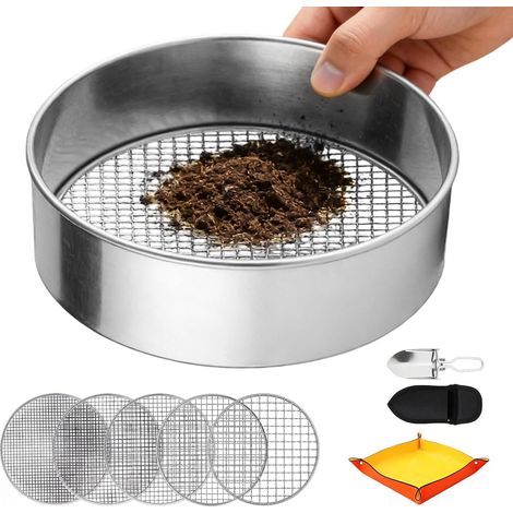 1 - Tamis De Jardin - Acier Inoxydable - 5 Grilles Interchangeables - Pour Compost Et Terre - Avec Pelle Et Tapis - Argent - 25x20cm (1/5)