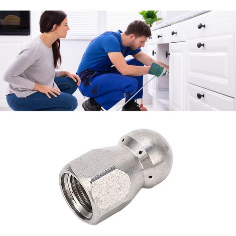 Buse de nettoyage haute pression 5000 PSI pour canalisations, mini buse compacte et durable, tête sphérique pour tuyau d'évacuation des eaux usées - 1 trou à l'avant, 6 trous à l'arrière (1/5)