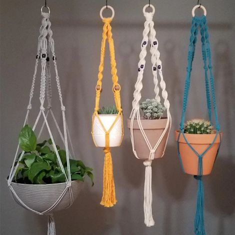 (Vert 70 cm) Porte-plantes bohème coloré en macramé, tissé à la main en 100 % coton, panier suspendu pour plantes d'intérieur, bonsaï, décoration intérieure (1/4)