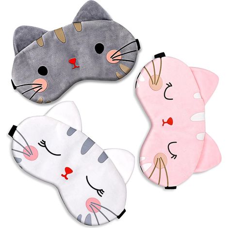 Adorable antifaz para dormir, set de 3 piezas. Diseño de gato. Suave y afelpado, estilo caricatura. Ideal para siestas, dormir o como antifaz para hombres, mujeres y niños.