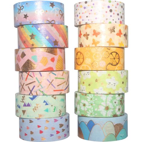 Lot de 12 rouleaux de ruban adhésif Washi - Motif mignon - Feuille d'or - 15 mm de large - Autocollant décoratif pour bricolage, travaux manuels, journaux, planificateurs, cartes de scrapbooking, emba (1/5)