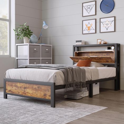 Letto singolo 90x200 cm, con rete a doghe in legno e metallo, testata con contenitore, letto per bambini design industriale vintage - marrone (1/5)
