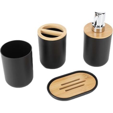 set of 4 waterproof black bamboo bathroom accessories.
