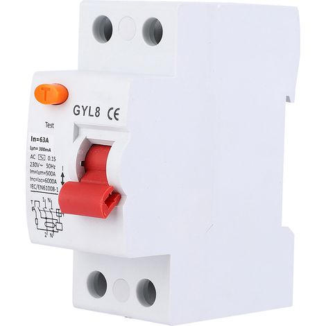 Disjoncteur GYL8 2P 230 V CA 50/60 Hz IP20, protection contre les fuites de courant, 2P-63 A-300 mA
