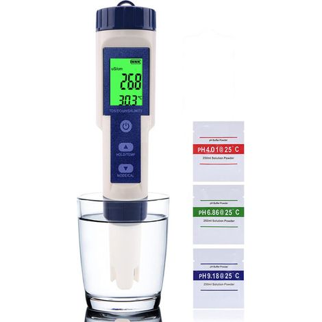 SABIR Testeur PH Mètre Électronique 5-en-1,Mesure Ph & TDS & EC Salinité & Température Testeur de qualité de l'eau,Écran LCD et Précision de Lecture,pour l'eau Potable, Aquariums, Piscines etc (1/5)