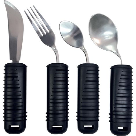 Set de 4 Couverts Easy Grip, Façonnables, pour Personnes Âgées, Fourchette, Couteau, Cuillère et Cuillère à Café, Manche Large Antidérapant, Caoutchouc avec Grip pour une Prise Facile (1/5)