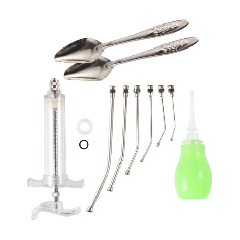 Komplettes Set zur Handaufzucht von Küken Edelstahl: Spritze, Sonden, Löffel, Saugglocke profiliert 20 ml (1/5)