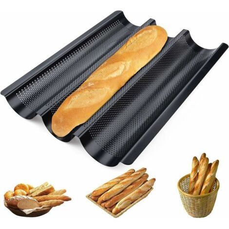 Nazalus-Vente chaude-Plaque de Cuisson Moule pour 3 Baguettes,Noir Plateau de Moule à Pain en Bâton Français,Poêles à Baguette Antiadhésives,Plaque à Pain Perforée de Cuisson pour Baguettes à Pain San (1/4)