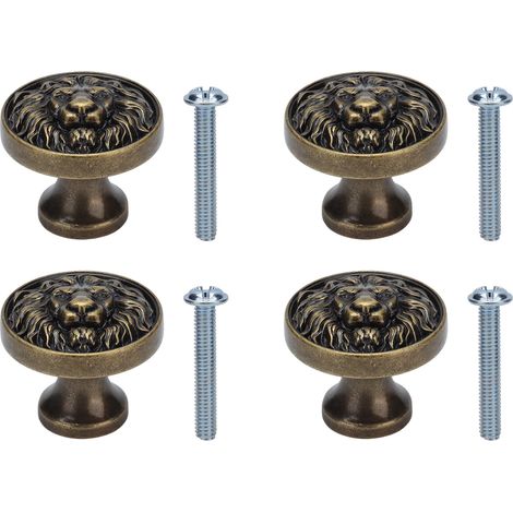 Tirador de puerta de aleación de zinc con cabeza de león, juego de 4 – Estilo antiguo moderno, acabado bronce, para armario, mueble o cajón, 32 mm de diámetro (1/5)