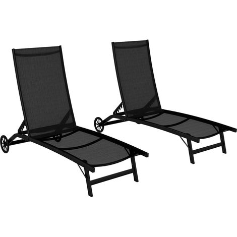 Set di 2 lettini prendisole in alluminio e textilene con ruote, schienale regolabile, portata massima 150 kg,nero.