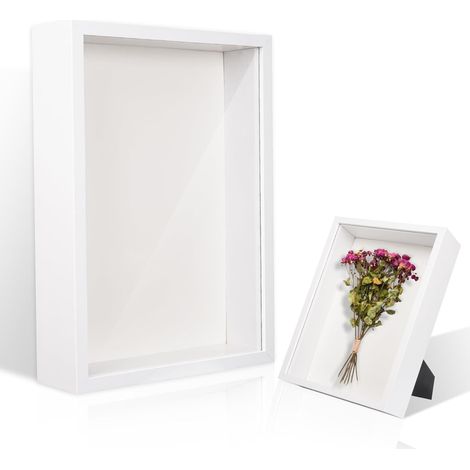 Cadre photo 3D 31x22,5 cm, bois blanc profond 5 cm, vitrine pour fleurs séchées, photos et souvenirs. (1/5)
