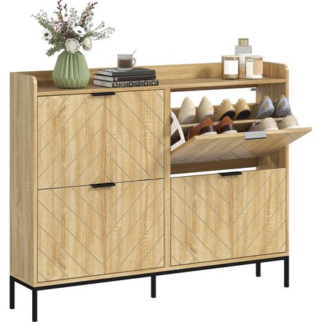 Scarpiera per 16 paia con 4 cassetti, ante a ribalta, ripiani regolabili, 110 x 23,5 x 95,5 cm, rovere