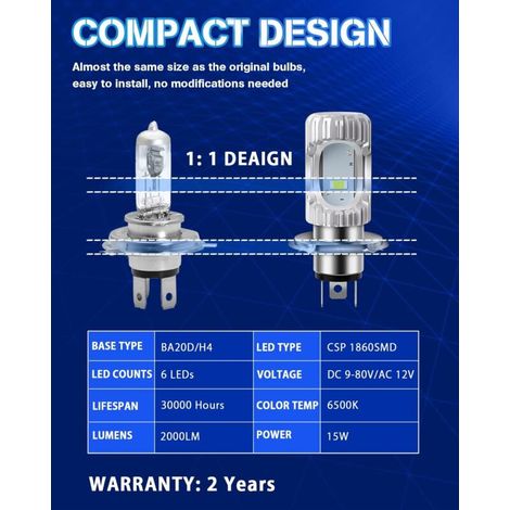 2 pezzi HS1 Birne H4 Fanali Motociclo CSP 1860 SMD PX43t 35/35W Luce da Fari 2000LM 6500K DC 9-80V (1/3)