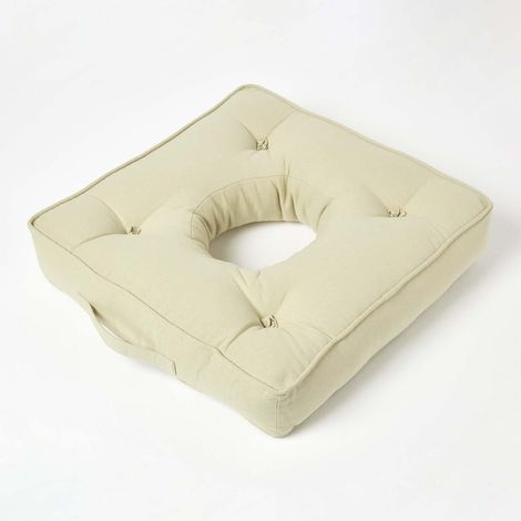 HOMESCAPES Coussin bouée rehausseur en coton Vert sauge, 50 x 50 x 10 cm (1/5)