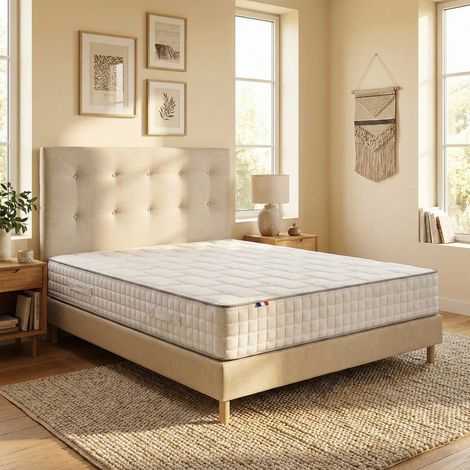 Ensemble matelas ressorts 7 zones H24 sommier et tete de lit capitonnee beige 160 x 200 (1/5)